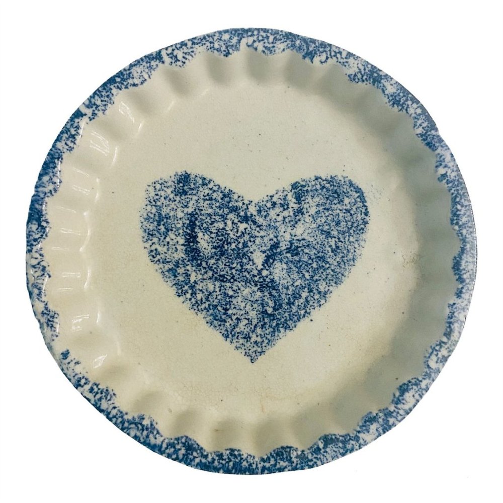 Vintage Flat Earth Pottery Spongeware Heart Baking Pie Dish Fluted Edges 1988